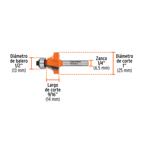 Broca para router, redondeado, 1' con balero, Truper | BROU-RD1X | 11469