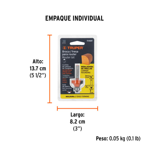 Broca para router, redondeado, 1' con balero, Truper | BROU-RD1X | 11469