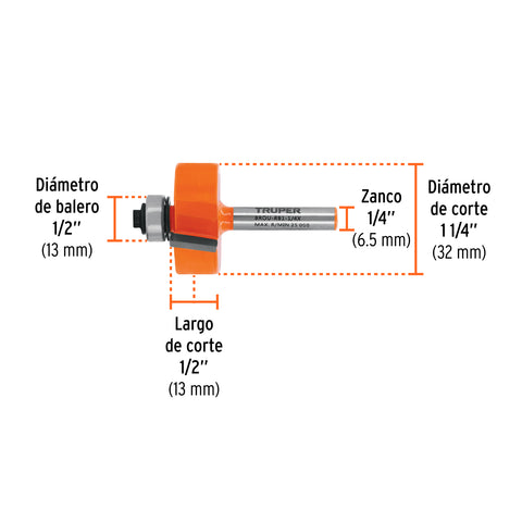 Broca para router, rebajado, 1-1/4' con balero, Truper | BROU-RB1-1/4X | 11477