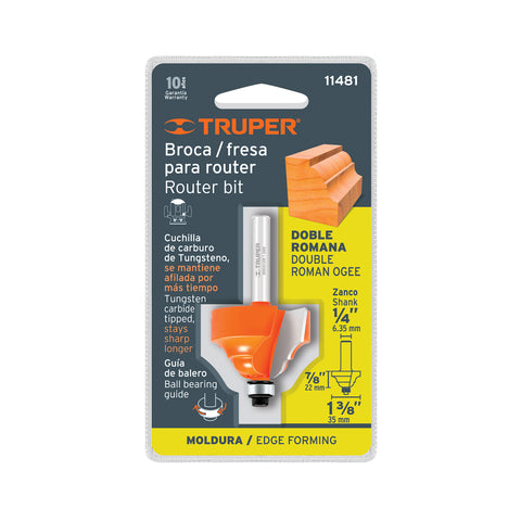Broca para router, doble romana, 1-3/8' con balero, Truper | BROU-DR1-3/8X | 11481