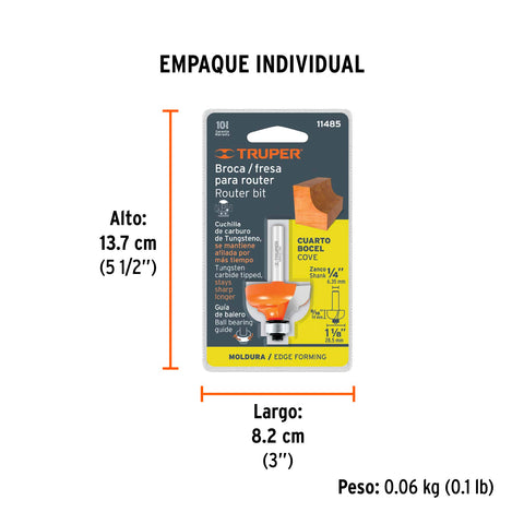 Broca para router, bocel cuarto, 1-1/8' con balero, Truper | BROU-BC1-1/8X | 11485