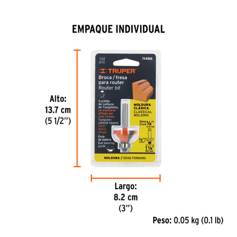Broca para router, moldura clásica, 1-1/8' con balero,Truper | BROU-M1-1/8X | 11486