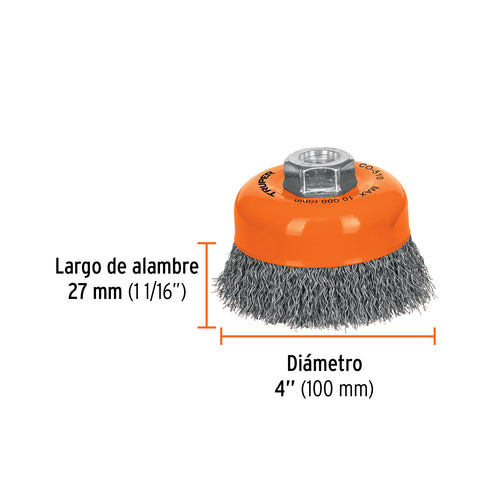 Carda copa 4' alambre ondulado fino, eje 5/8'-11, Truper | CO-510 | 11529
