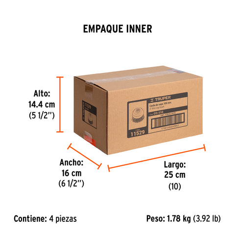 Carda copa 4' alambre ondulado fino, eje 5/8'-11, Truper | CO-510 | 11529