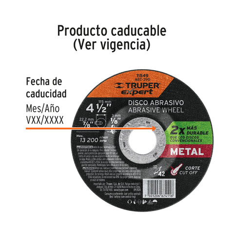 Disco Tipo 42 de 4-1/2' x 3.2 mm corte metal, Truper Expert | ABT-390 | 11549