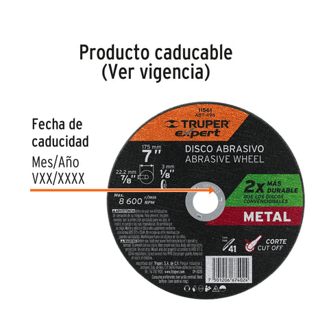 Disco para corte de metal, tipo 41, diámetro 7' Expert | ABT-496 | 11561