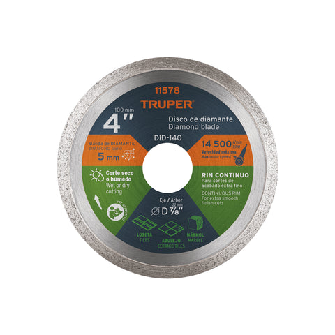 Disco de diamante de 4' x 1.6 mm, rin continuo, TRUPER | DID-140 | 11578