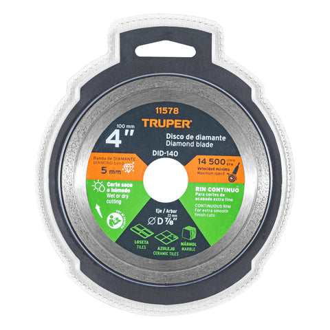 Disco de diamante de 4' x 1.6 mm, rin continuo, TRUPER | DID-140 | 11578