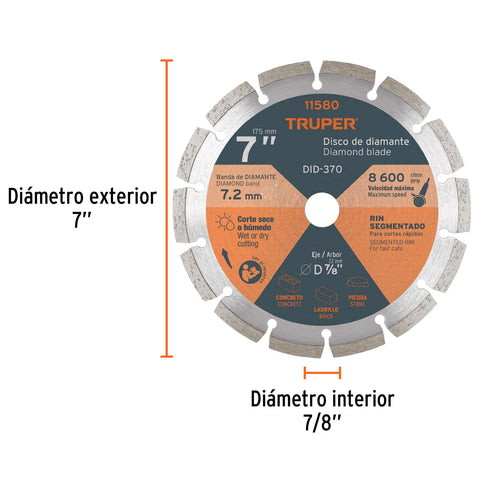 Disco de diamante de 7' x 2.5 mm, rin segmentado, TRUPER | DID-370 | 11580