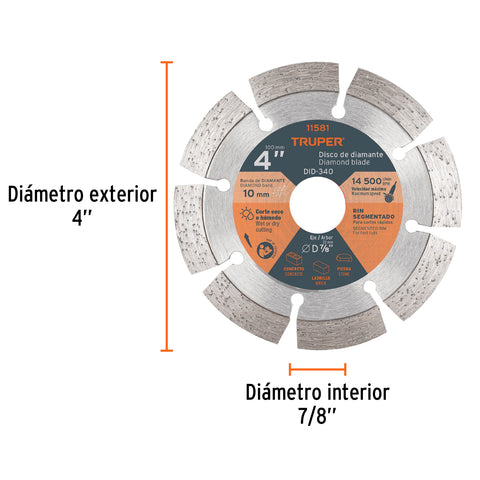 Disco de diamante de 4' x 2.1 mm, rin segmentado, TRUPER | DID-340 | 11581