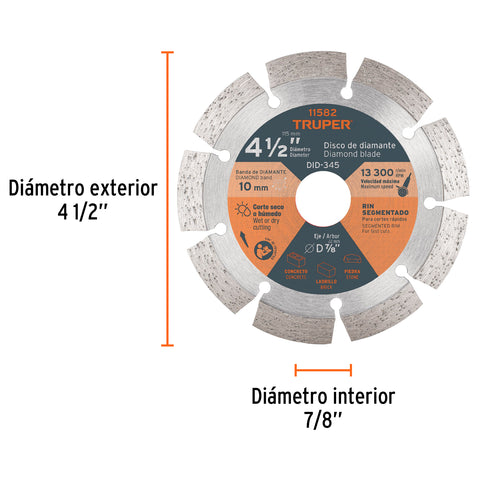 Disco de diamante de 4-1/2' x 2.1 mm, rin segmentado, TRUPER | DID-345 | 11582