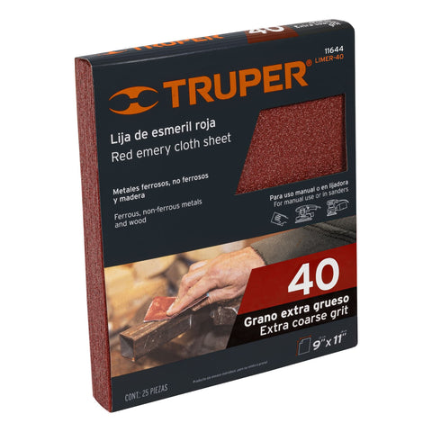 Lija de esmeril roja grano 40 de óxido de aluminio, Truper | LIMER-40 | 11644