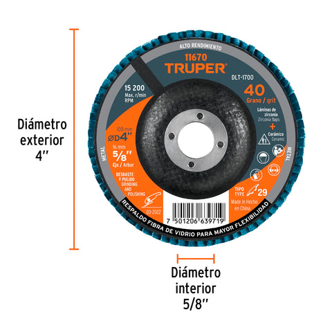 Disco laminado 4', grano 40 centro 5/8', fibra, TRUPER | DLT-1700 | 11670