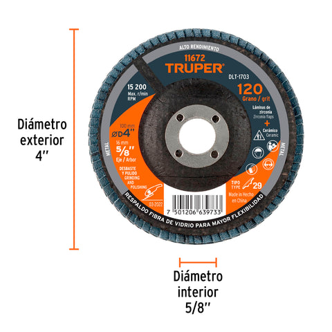 Disco laminado 4', grano 120 centro 5/8', fibra, TRUPER | DLT-1703 | 11672