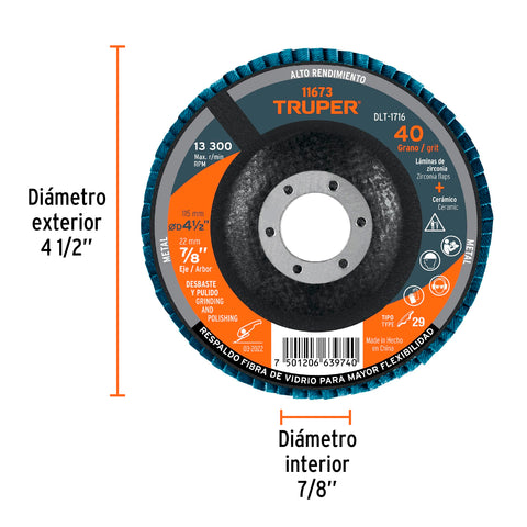 Disco laminado 4-1/2', grano 40 centro 7/8', fibra, TRUPER | DLT-1716 | 11673