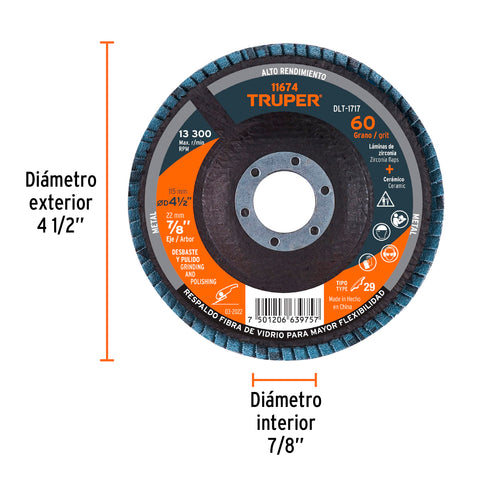 Disco laminado 4-1/2', grano 60 centro 7/8', fibra, TRUPER | DLT-1717 | 11674