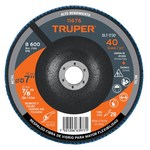 Disco laminado 7', grano 40 centro 7/8', fibra, TRUPER | DLT-1730 | 11676