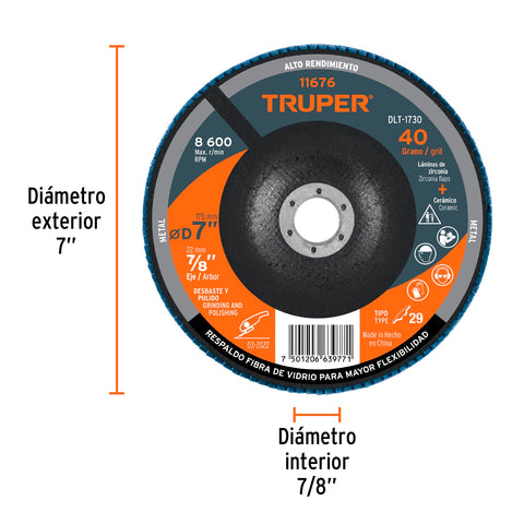 Disco laminado 7', grano 40 centro 7/8', fibra, TRUPER | DLT-1730 | 11676