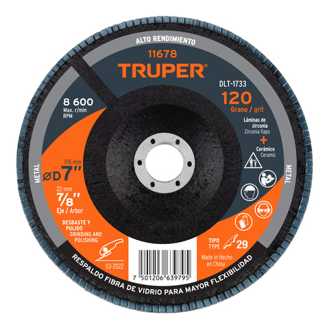 Disco laminado 7', grano 120 centro 7/8', fibra, TRUPER | DLT-1733 | 11678