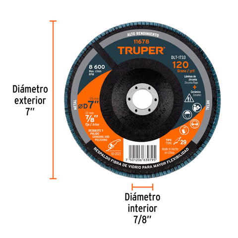 Disco laminado 7', grano 120 centro 7/8', fibra, TRUPER | DLT-1733 | 11678