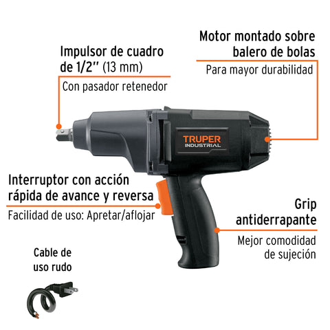 Llave de impacto 1/2', 900W, 162 lb/ft, TRUPER INDUSTRIAL | IMP-1/2N | 11682