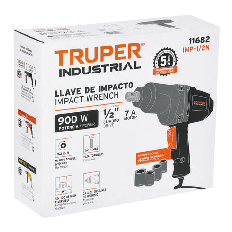 Llave de impacto 1/2', 900W, 162 lb/ft, TRUPER INDUSTRIAL | IMP-1/2N | 11682