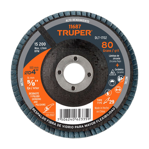 Disco laminado 4', grano 80 centro 5/8', fibra, TRUPER | DLT-1702 | 11687