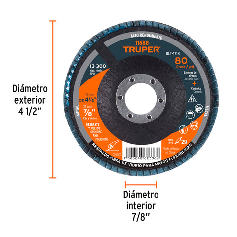 Disco laminado 4-1/2', grano 80 centro 7/8', fibra, TRUPER | DLT-1718 | 11688