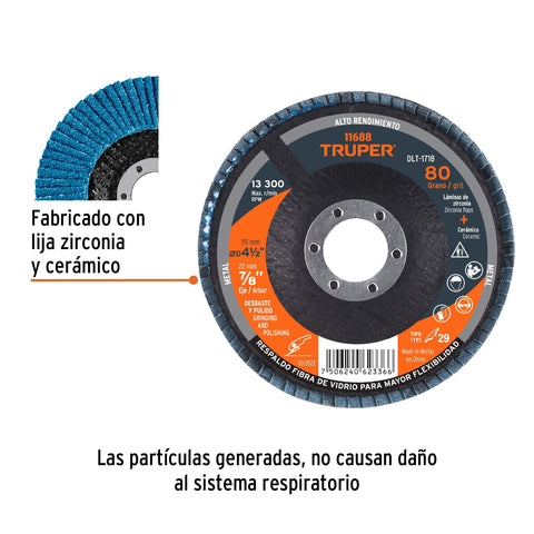 Disco laminado 4-1/2', grano 80 centro 7/8', fibra, TRUPER | DLT-1718 | 11688