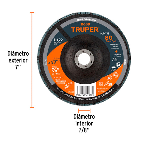 Disco laminado 7', grano 80 centro 7/8', fibra, TRUPER | DLT-1732 | 11689
