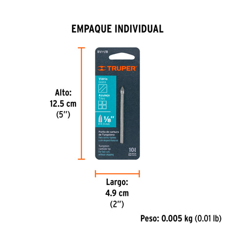 Broca para vidrio y azulejo de 1/8', Truper | BVI-1/8 | 11700