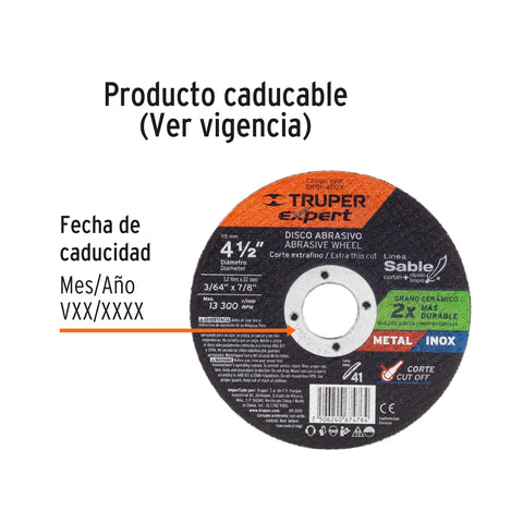 Disco Tipo 41 de 4-1/2' x 1.2 mm corte fino de metal, Expert | DICOF-4512X | 11901