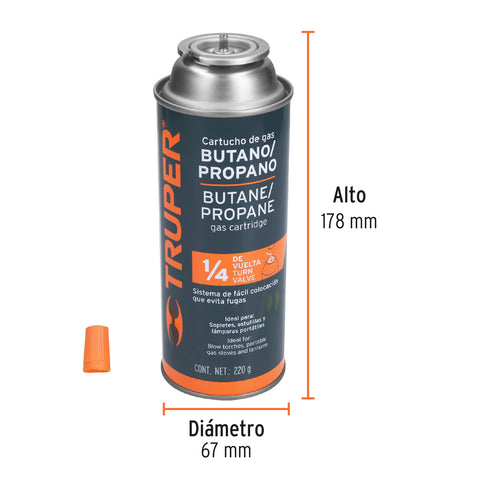 Lata de gas de 220g con válvula de 1/4 de vuelta, TRUPER | GAS-220X | 11920