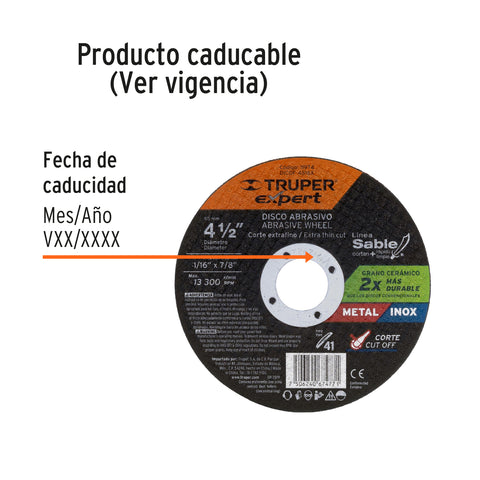 Disco Tipo 41 de 4-1/2' x 1.6 mm corte fino de metal, Expert | DICOF-4516X | 11974
