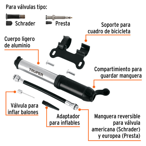 Mini bomba manual para bicicleta, abatible, 75 PSI, TRUPER | BOM-MI-X | 11997