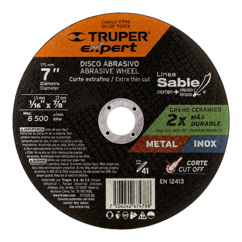 Disco Tipo 41 de 7' x 1.5 mm corte fino de metal, Expert | DICOF-7015X | 11998