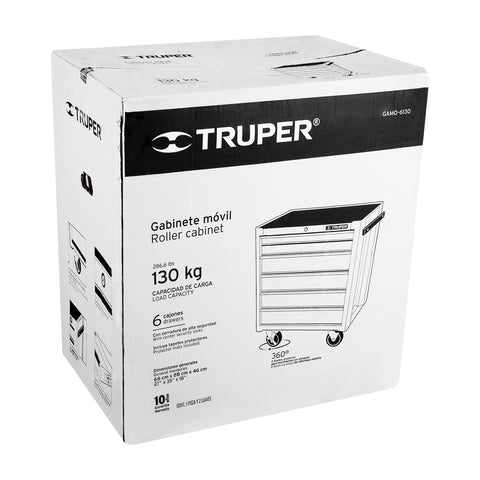 Gabinete metálico móvil, 6 cajones, capacidad 130 kg, Truper | GAMO-6130 | 12067