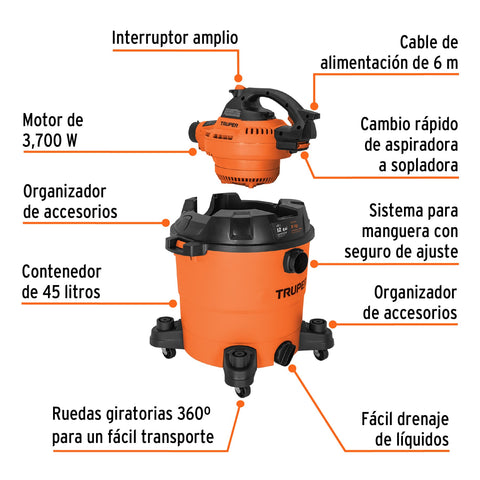 Aspiradora sólidos y líquidos, 12 gal, soplador desmontable | ASP-12S | 12093