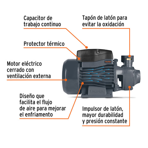 Bomba periférica 1/2HP, altura máx 40m, uso agrícola, TRUPER | BOAP-1/2A2 | 12111