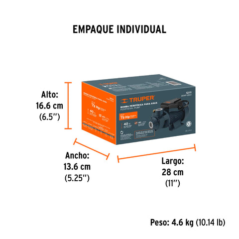 Bomba periférica 1/2HP, altura máx 40m, uso agrícola, TRUPER | BOAP-1/2A2 | 12111