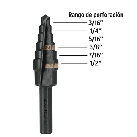 Broca escalonada óxido negro 6 escalones 3/16' a 1/2',Truper | BES-6 | 12120