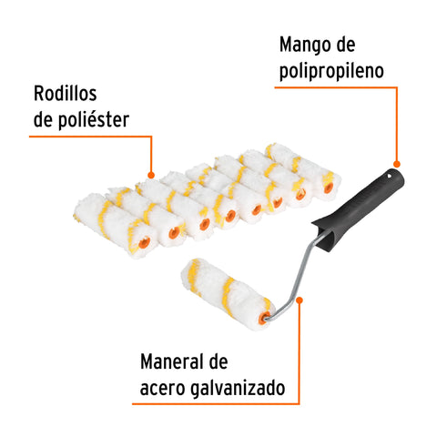 Kit de maneral y 9 mini rodillos de 4' de poliéster, Truper | ROPI-420N9 | 12132