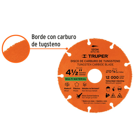 Disco 4-1/2' multimaterial de carburo de tungsteno, TRUPER | DITU-45 | 12134