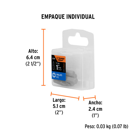 Estuche con 5 puntas de cruz PH2 largo 1', Truper Expert | PUDE-1102 | 12141