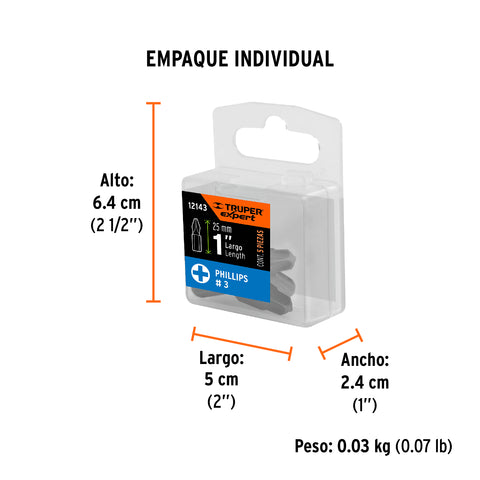 Estuche con 5 puntas de cruz PH3 largo 1', Truper Expert | PUDE-1103 | 12143