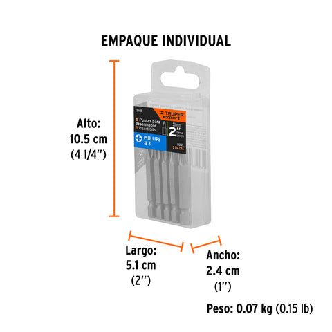 Estuche con 5 puntas de cruz PH3 largo 2', Truper Expert | PUDE-1203 | 12149