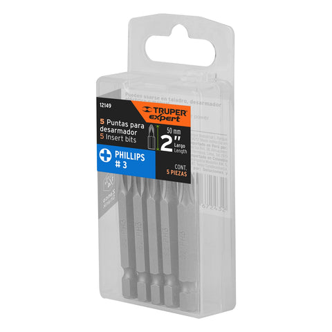 Estuche con 5 puntas de cruz PH3 largo 2', Truper Expert | PUDE-1203 | 12149