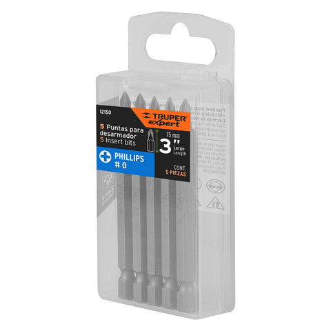 Estuche con 5 puntas de cruz PH0 largo 3', Truper Expert | PUDE-1300 | 12150