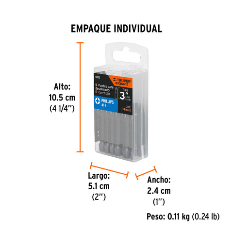 Estuche con 5 puntas de cruz PH2 largo 3', Truper Expert | PUDE-1302 | 12153