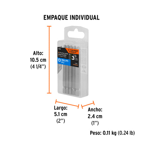 Estuche con 5 puntas de cruz PH3 largo 3', Truper Expert | PUDE-1303 | 12155